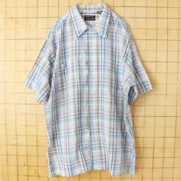 70s 80s USA JCPenney 반팔 체크 셔츠 블루 L ss25