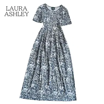 LAURA ASHLEY 플레어 원피스 롱 맥시 길이 꽃무늬 블루 M