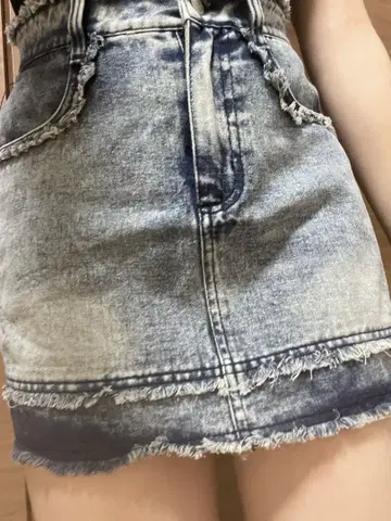 데님 미니 스커트 프린지 마감