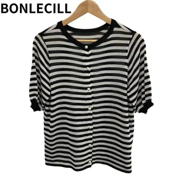 BONLECILL 스트라이프 반팔 니트 시스루 니트 펄 버튼 화이트 블랙