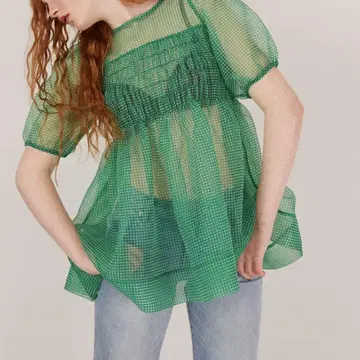 새상품 POPPY 깅엄 오간자 시어 튜닉