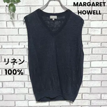 MARGARET HOWELL 린넨 V넥 베스트 베스트 네이비 마 소재