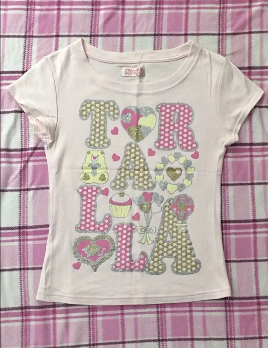 Teularara Dot Kuma Glitter Lettering Kitsch Heisei Short Sleeve T-shirt Himegyaru