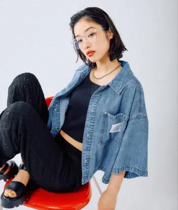 새상품 LEPSIM BIG 데님 숏 5부 소매 셔츠