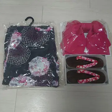 여성용 블랙 보라색 핑크 계열 유카타 오비 일본 나막신 3개 세트
