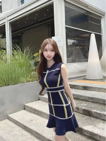 러브 체크 여름 니트 원피스 루미곤