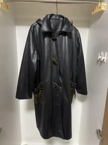 후드 부착 롱 코트 레오파드 구제 의류