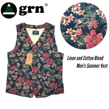 새상품 grn grn 린넨 베스트 알로하 하와이안 하이비스커스 마 소재
