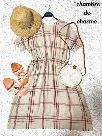 Chambre de charme 체크 원피스 면 린넨 드로스트 리본