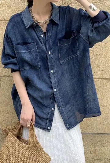 doudou 소매 리브 시어 데님 셔츠 블루