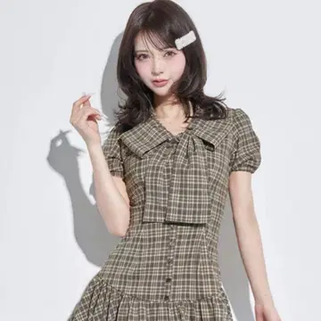 Darich 빅 리본 벌룬 체크 미니 원피스