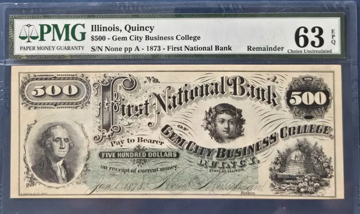 1873 $500 빌 퀸시, 일리노이 시티 비즈니스 칼리지 PMG
