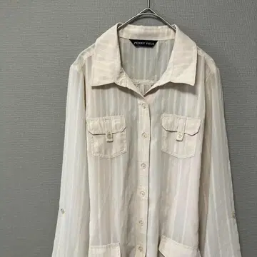 페니주 시어 블라우스 (L L) 베이지 소매 롤업 스트라이프 리본 포함
