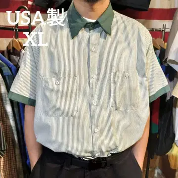 XL USA제 반팔 스트라이프 워크 셔츠 그린 구제 의류