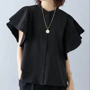 Frene 플리츠 프릴 슬리브 블라우스 블랙 M