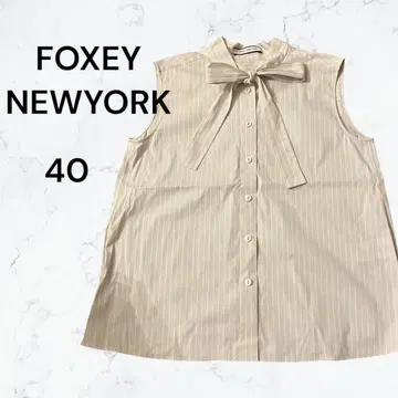 FOXEY NEW YORK 스트라이프 블라우스 보타이 슬리브리스 새상품급