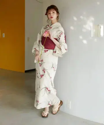 꽃무늬 유카타 크림색 와인 레드 오비