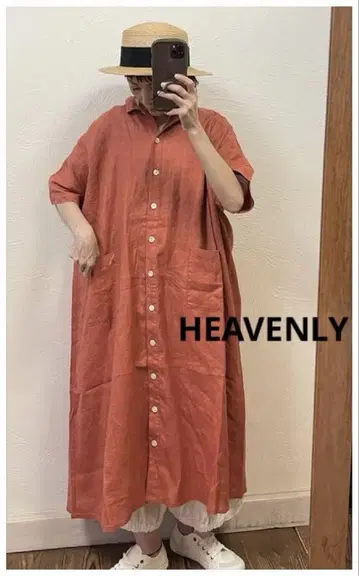 새상품 헤븐리 린넨 와이드 셔츠 롱 원피스 반팔 오렌지 F