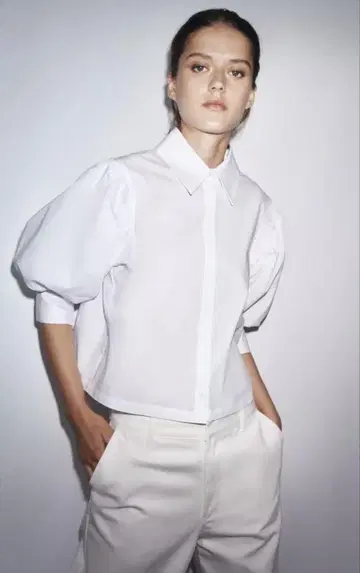 ZW COLLECTION 퍼프 슬리브 셔츠 화이트