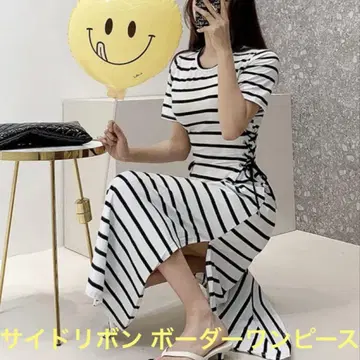사이드 리본 보더 원피스