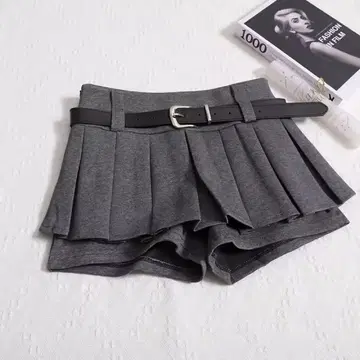 플리츠 숏 팬츠 벨트 스커트 한국 패션 다크 그레이 M