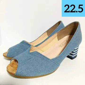 데님풍 오픈토 펌프스 5cm 와이드 힐 보더 여성용