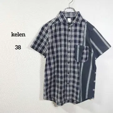 네이비 계열 체크 반팔 셔츠