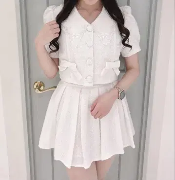 evelyn 옷깃 비쥬 트위드 세트 화이트