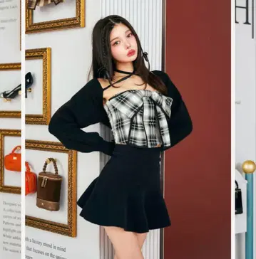 다리치 리본 포함 체크 무늬 베어 탑