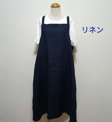 핸드메이드 린넨 100% 백 리본 개더 에이프런 드레스