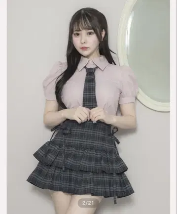 pium 사이드 리본 티어드 스커트 블랙 체크