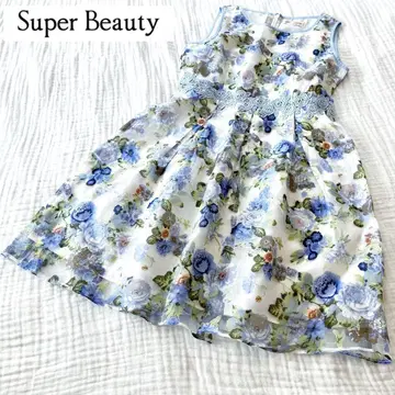 Super Beauty 꽃무늬 원피스 자수 시스루 블루 빅 사이즈