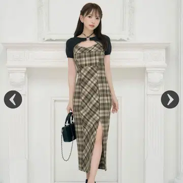 미셸 마카롱 앙상블 체크 원피스 베이지