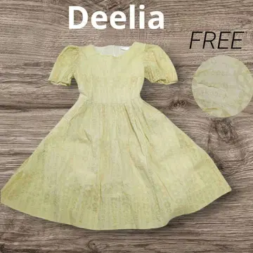 Deelia 옅은 노랑 컬러 반팔 원피스 플레어 리본 스위트 레이스