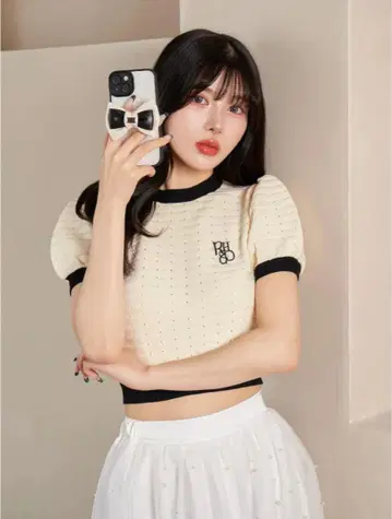 백 리본 퍼프 숄 니트 탑