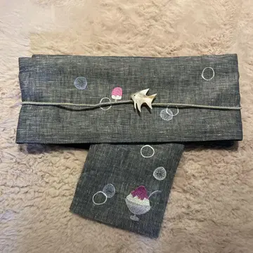 반폭 오비 그레이 다크 블루 고양이. 빙수 자수