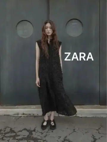 ZARA 프린지 볼륨 미디 원피스 M 블랙