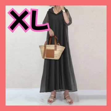 시어 롱 원피스 후드티 쉬폰 반팔 백 플리츠 블랙 XL