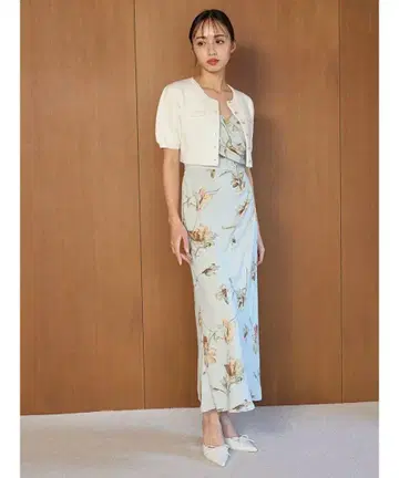 페인트 플라워 원피스 크롭 하프 슬리브 가디건 세트