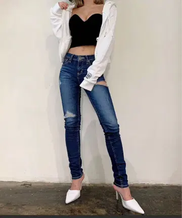 GYDA 데미지 가공 다크 블루 스키니 데님