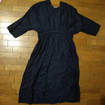 fog linen work FLW 네이비 7부 소매 원피스 린넨 100%