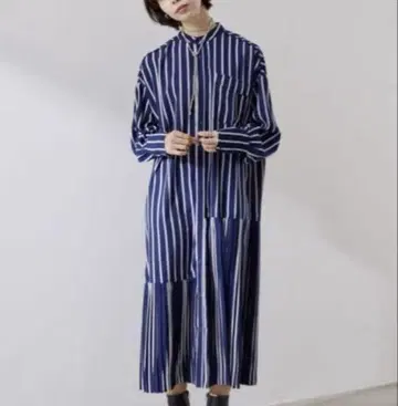 sumi style 원피스 밴드 카라 스트라이프 밑단 플리츠 네이비