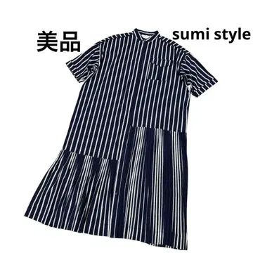 sumi style 원피스 밴드 카라 스트라이프 밑단 플리츠 네이비