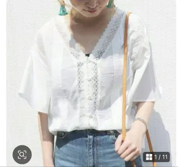 SLOBE IENA 핀턱&레이스 V넥 블라우스 블랙