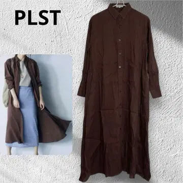 PLST 플라스테 셔츠 원피스 린넨 혼방 플레어 세탁 가능 브라운 M