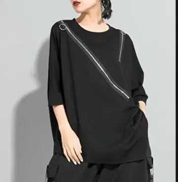 비대칭 변형 티셔츠 지퍼 탑 블랙 빅 사이즈 모드 블랙 개성 한국