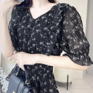 mily bilet 꽃무늬 사이드 프릴 V 넥 시어 원피스 클래식 엘프