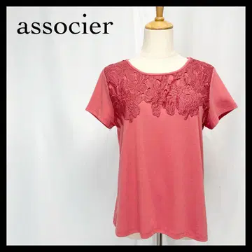 associer 반팔 티셔츠 티셔츠 상의 레이스 레드 L