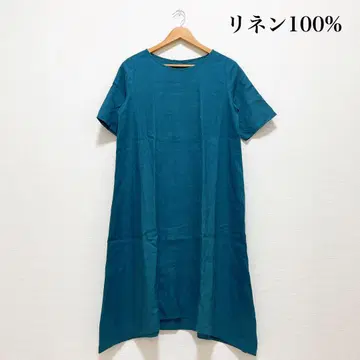 린넨 원피스 남색 린넨 100% 반팔 일본제 봄/여름 내추럴 루즈핏