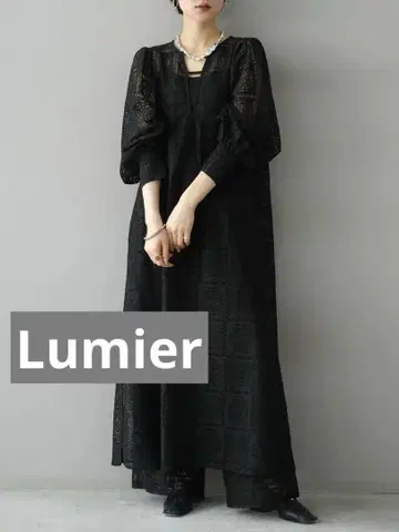 [ Lumier ] 블록 레이스 볼륨 슬리브 원피스/블랙